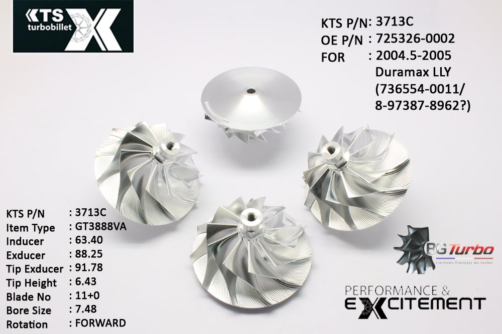 Turbo ROUE FORGÉE MFS PERFORMANCE - 11+0 PALES - INDUCER : 63,4 - EXDUCER : 88,25 - TYPE : GT3788VAANGLE : 60° - ROTATION : Forward - SUPER BACK : 5,3 - BORE SIZE : 7,48
